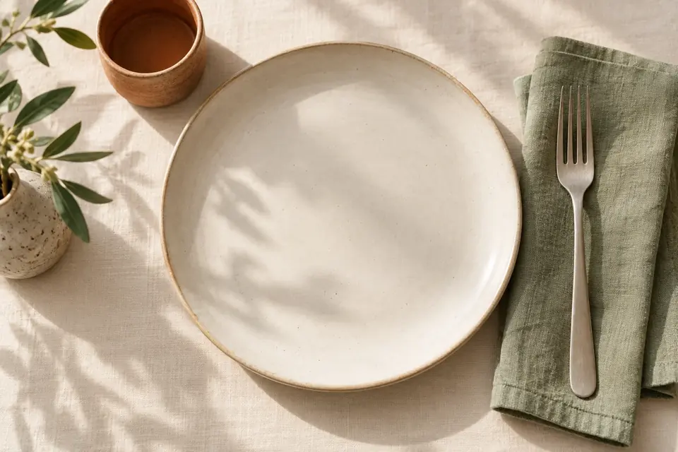 A ceramic plate and cup on a sunlit table, ready for a meal