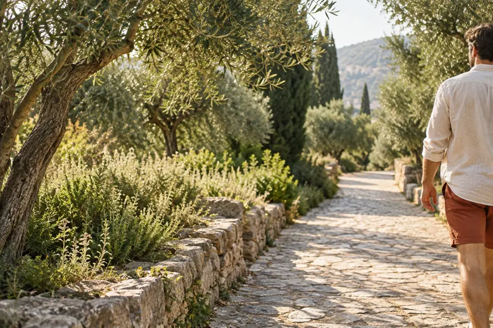 An unhurried walk along a sunlit olive-lined path